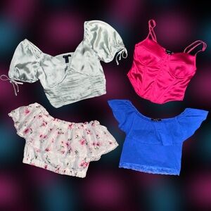 4 Pc NWOT Women’s Off-The-Shoulder & Corset Style Crop Tops w/Ruffles & Lace | M